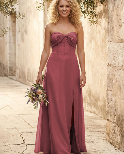 Chiffon Strapless Long Bridesmaid Dresses with Slit