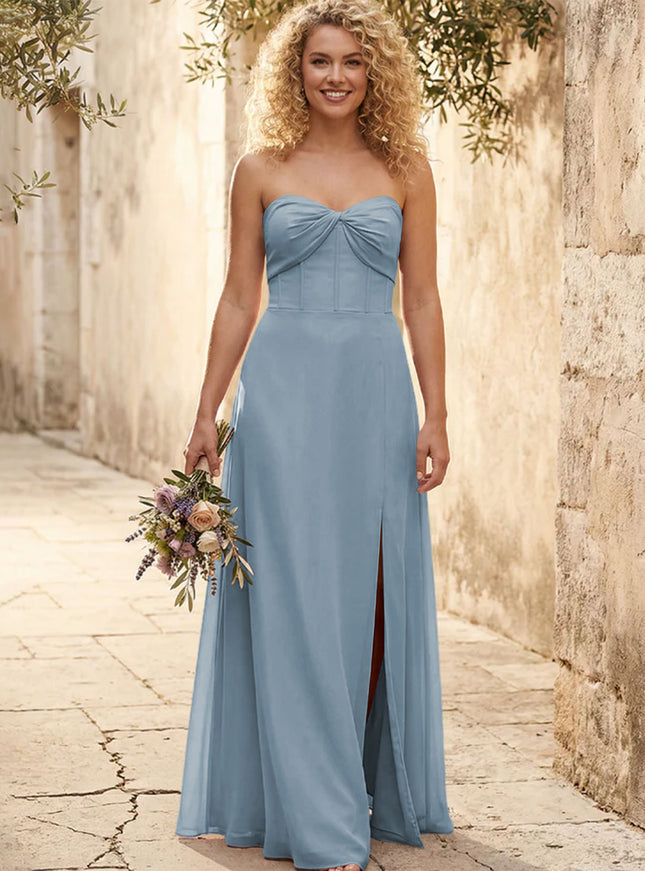 Chiffon Strapless Long Bridesmaid Dresses with Slit