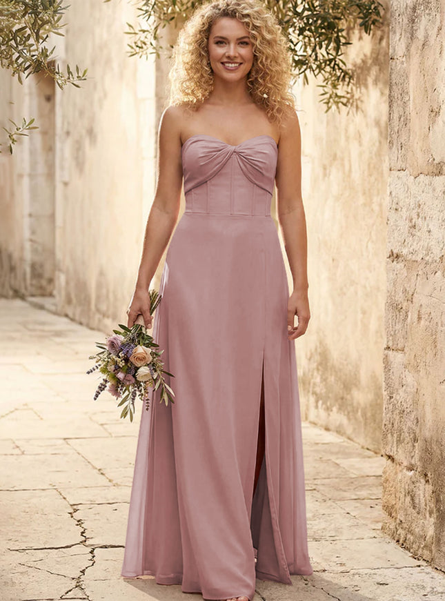 Chiffon Strapless Long Bridesmaid Dresses with Slit
