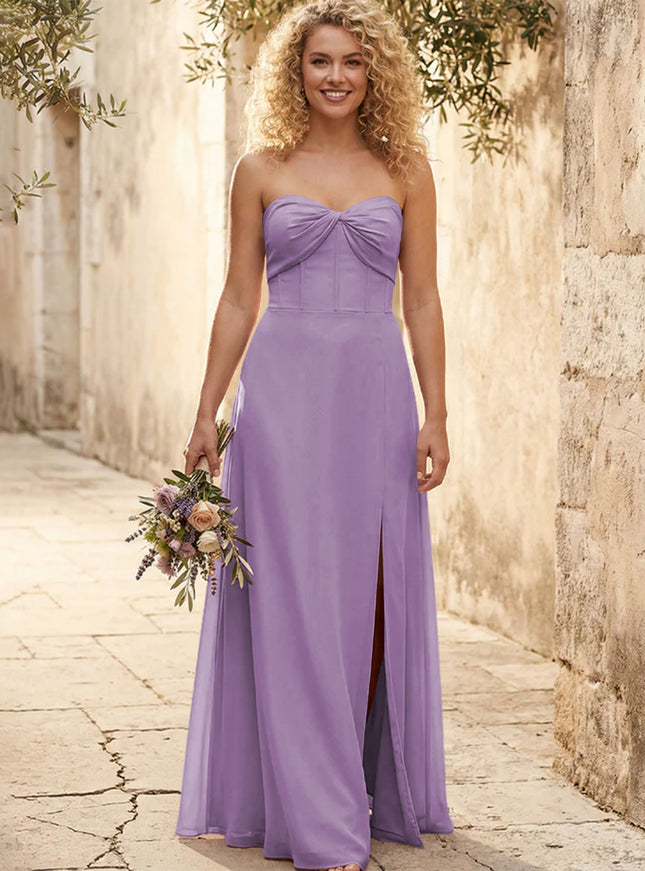 Chiffon Strapless Long Bridesmaid Dresses with Slit