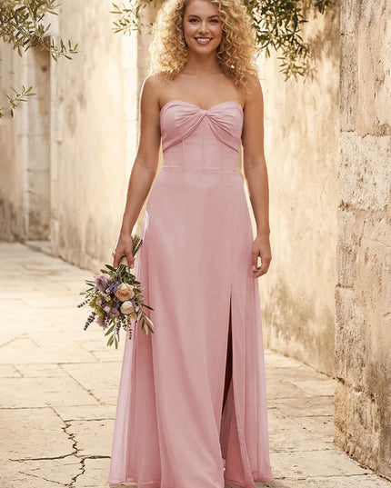 Chiffon Strapless Long Bridesmaid Dresses with Slit