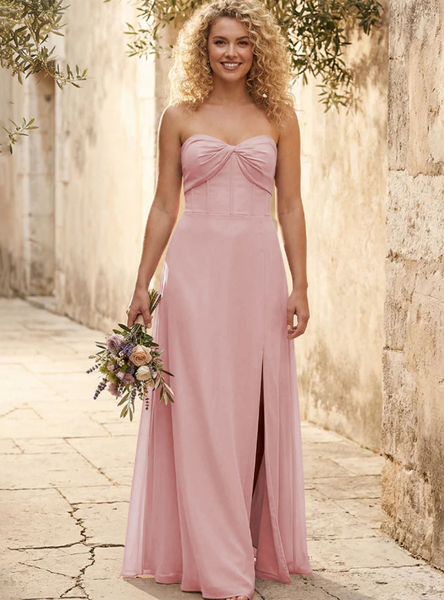 Chiffon Strapless Long Bridesmaid Dresses with Slit