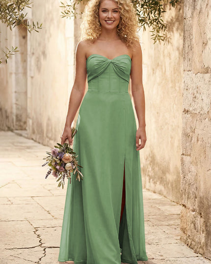 Chiffon Strapless Long Bridesmaid Dresses with Slit