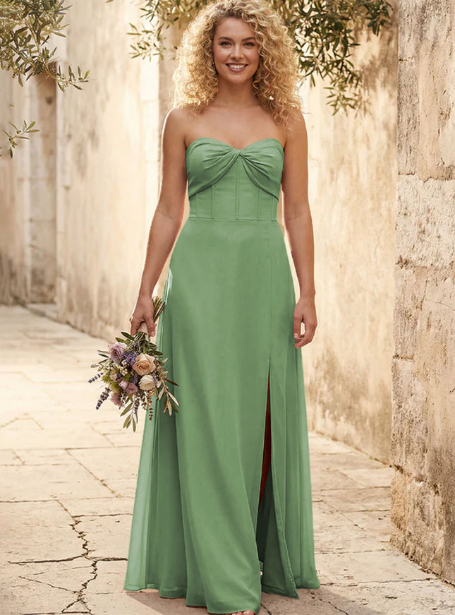 Chiffon Strapless Long Bridesmaid Dresses with Slit