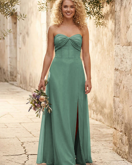 Chiffon Strapless Long Bridesmaid Dresses with Slit
