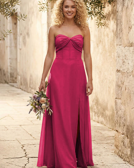 Chiffon Strapless Long Bridesmaid Dresses with Slit