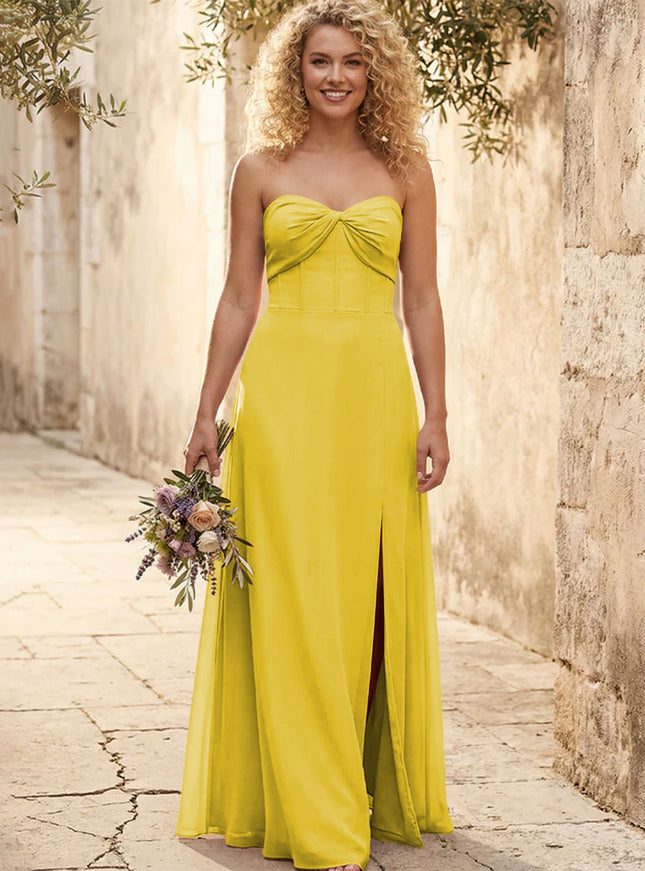 Chiffon Strapless Long Bridesmaid Dresses with Slit