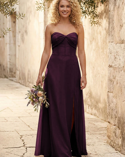 Chiffon Strapless Long Bridesmaid Dresses with Slit