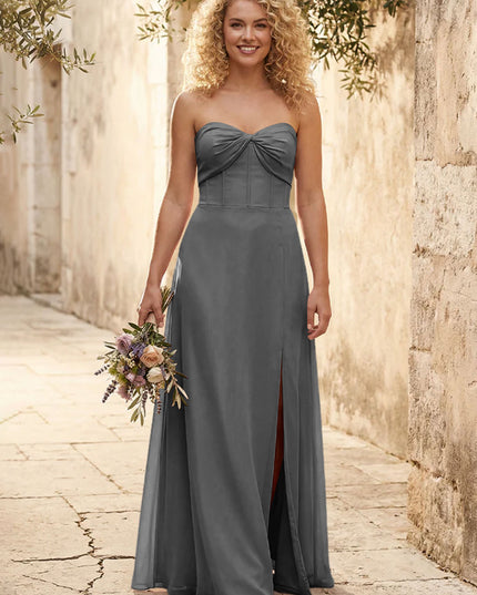 Chiffon Strapless Long Bridesmaid Dresses with Slit