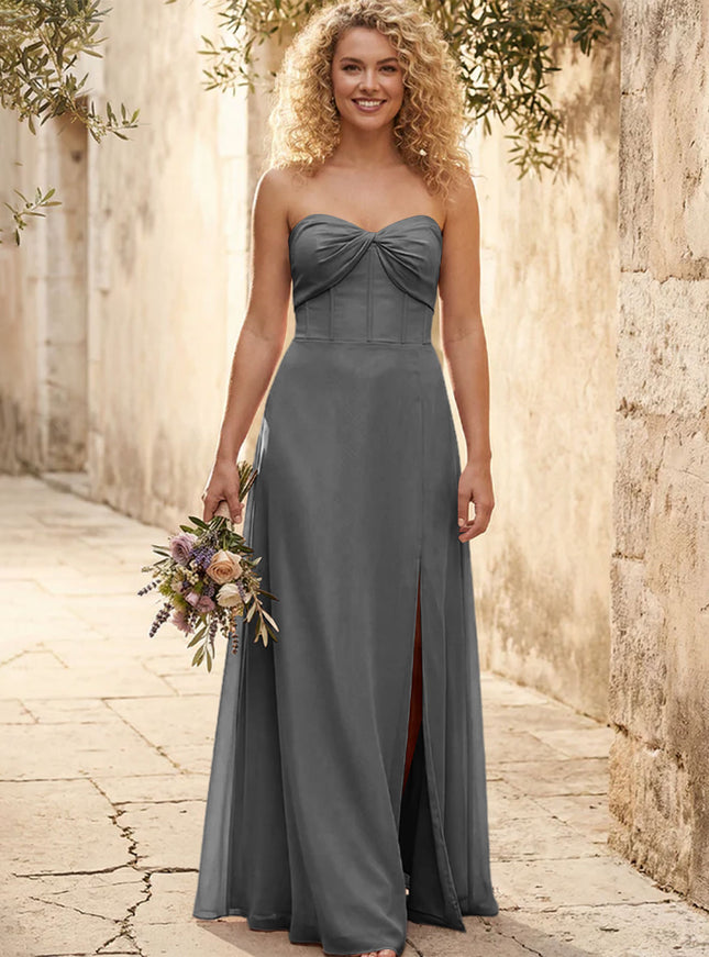 Chiffon Strapless Long Bridesmaid Dresses with Slit