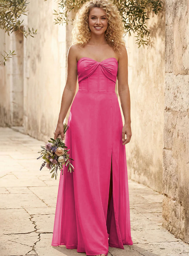Chiffon Strapless Long Bridesmaid Dresses with Slit