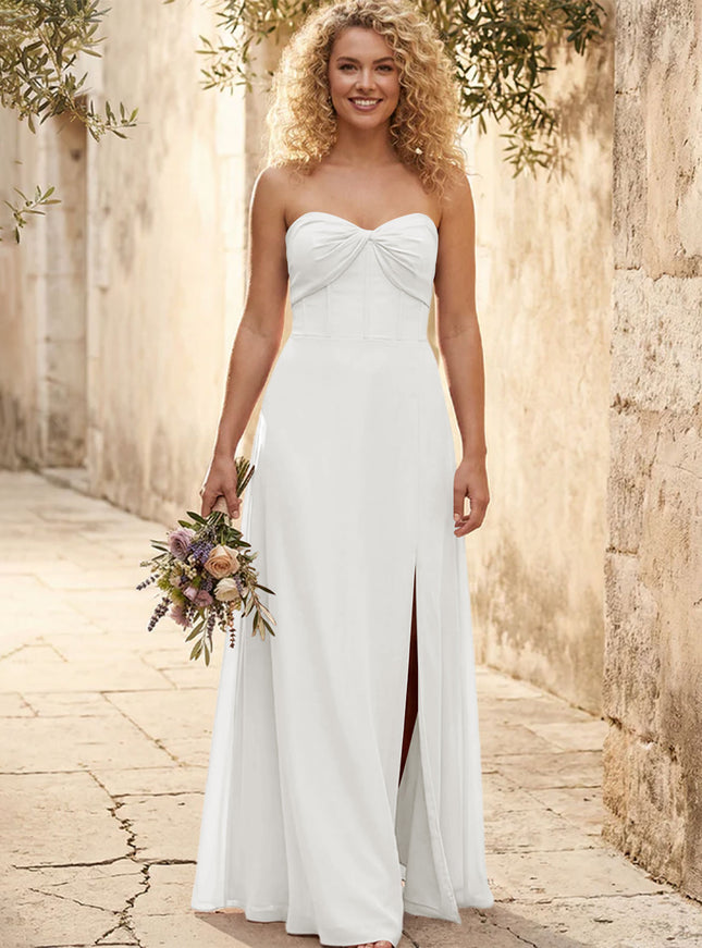 Chiffon Strapless Long Bridesmaid Dresses with Slit