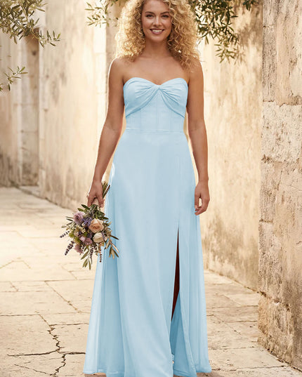 Chiffon Strapless Long Bridesmaid Dresses with Slit