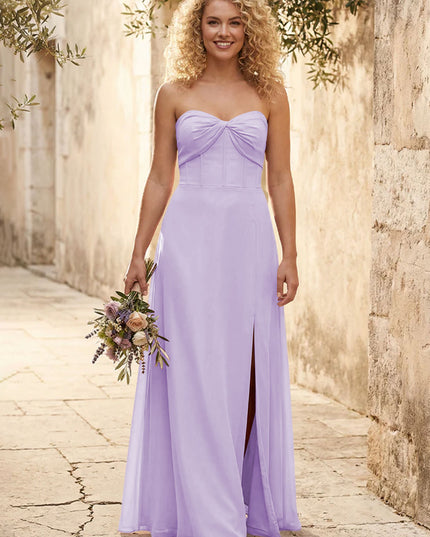 Chiffon Strapless Long Bridesmaid Dresses with Slit