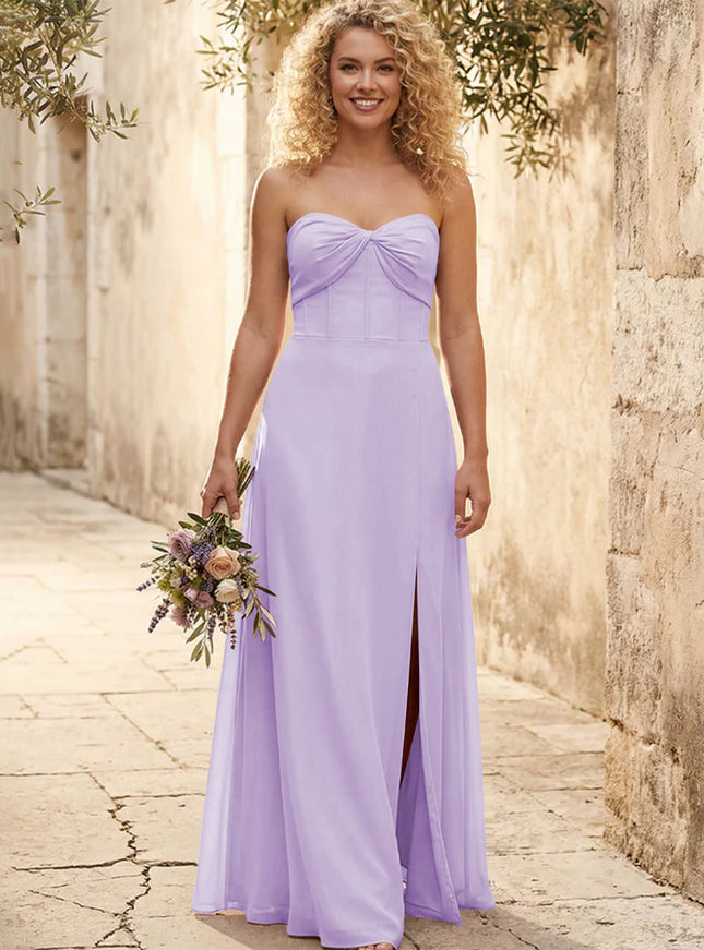 Chiffon Strapless Long Bridesmaid Dresses with Slit