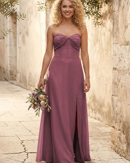 Chiffon Strapless Long Bridesmaid Dresses with Slit