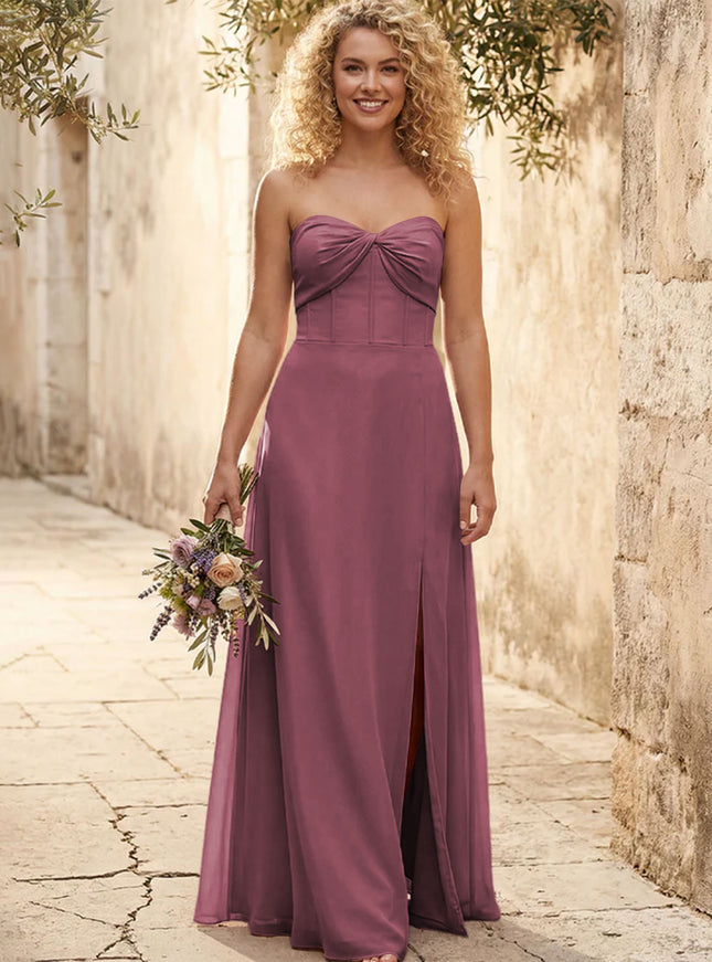 Chiffon Strapless Long Bridesmaid Dresses with Slit
