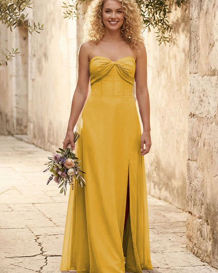 Chiffon Strapless Long Bridesmaid Dresses with Slit