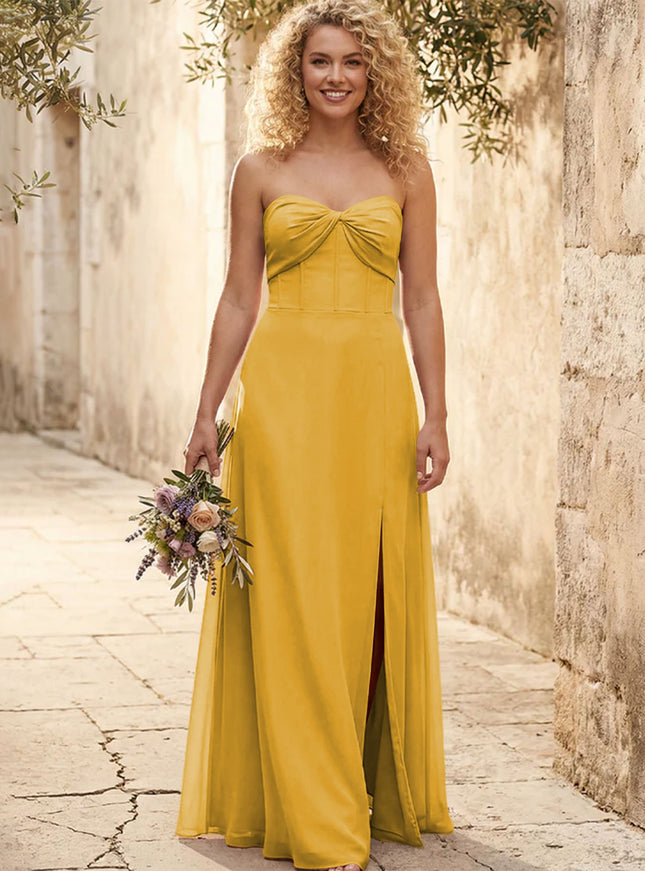 Chiffon Strapless Long Bridesmaid Dresses with Slit