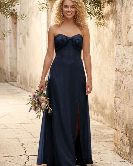 Chiffon Strapless Long Bridesmaid Dresses with Slit