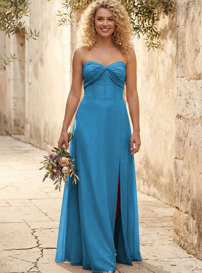Chiffon Strapless Long Bridesmaid Dresses with Slit