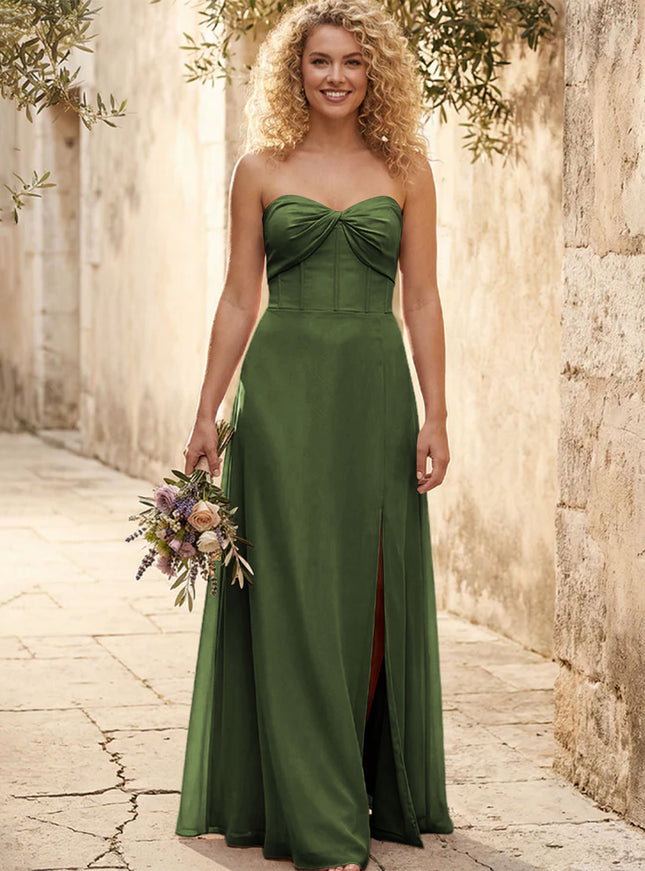 Chiffon Strapless Long Bridesmaid Dresses with Slit
