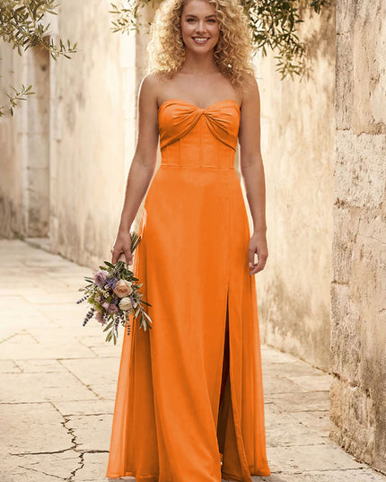 Chiffon Strapless Long Bridesmaid Dresses with Slit