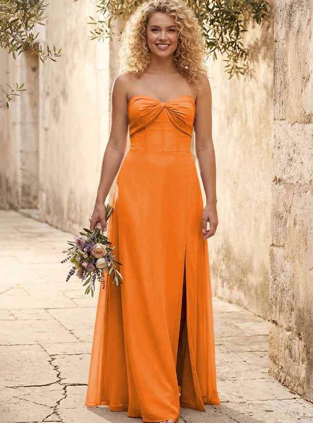 Chiffon Strapless Long Bridesmaid Dresses with Slit