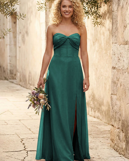 Chiffon Strapless Long Bridesmaid Dresses with Slit