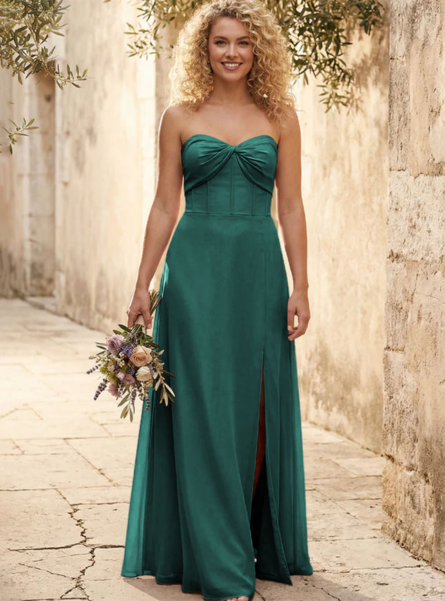 Chiffon Strapless Long Bridesmaid Dresses with Slit