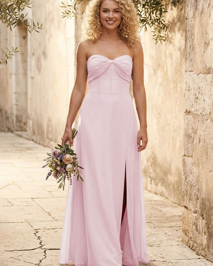 Chiffon Strapless Long Bridesmaid Dresses with Slit