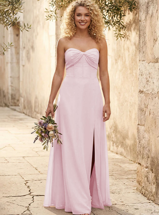 Chiffon Strapless Long Bridesmaid Dresses with Slit