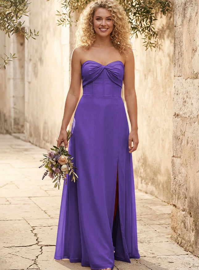 Chiffon Strapless Long Bridesmaid Dresses with Slit
