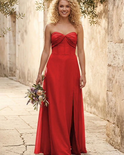 Chiffon Strapless Long Bridesmaid Dresses with Slit