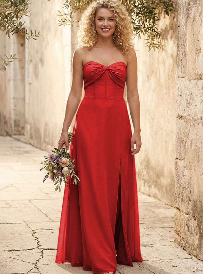 Chiffon Strapless Long Bridesmaid Dresses with Slit