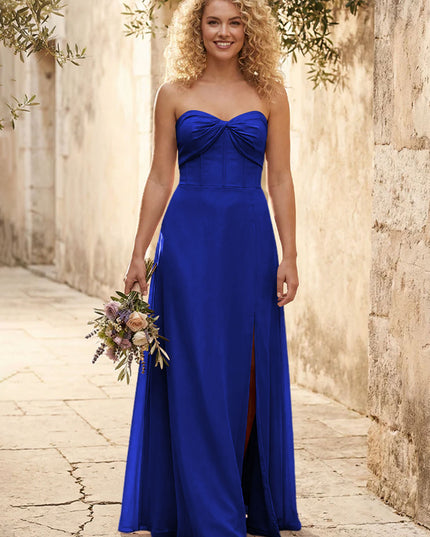 Chiffon Strapless Long Bridesmaid Dresses with Slit