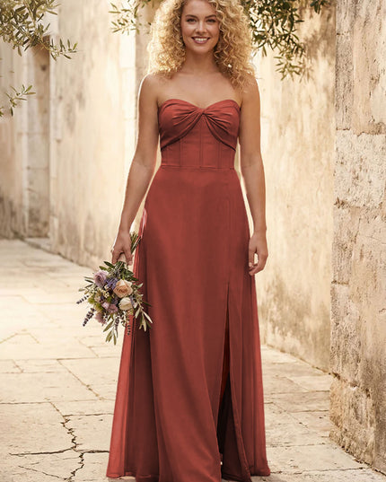 Chiffon Strapless Long Bridesmaid Dresses with Slit