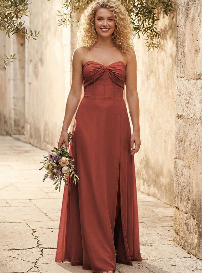 Chiffon Strapless Long Bridesmaid Dresses with Slit