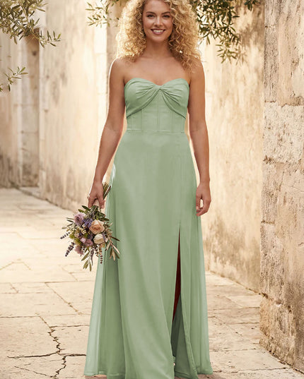 Chiffon Strapless Long Bridesmaid Dresses with Slit