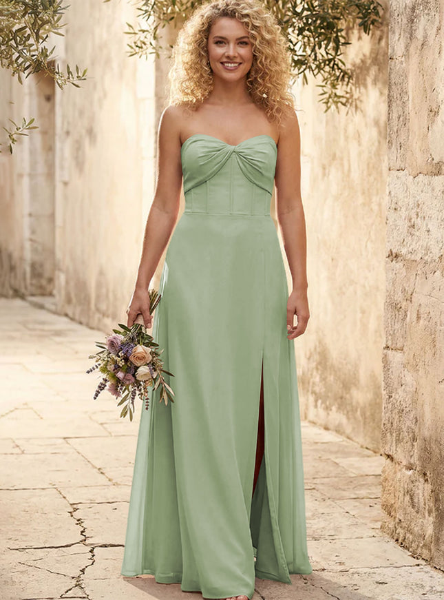 Chiffon Strapless Long Bridesmaid Dresses with Slit