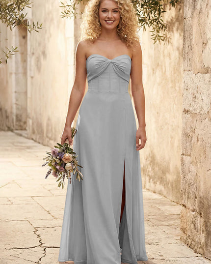 Chiffon Strapless Long Bridesmaid Dresses with Slit