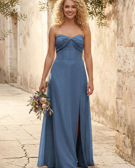 Chiffon Strapless Long Bridesmaid Dresses with Slit