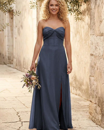 Chiffon Strapless Long Bridesmaid Dresses with Slit