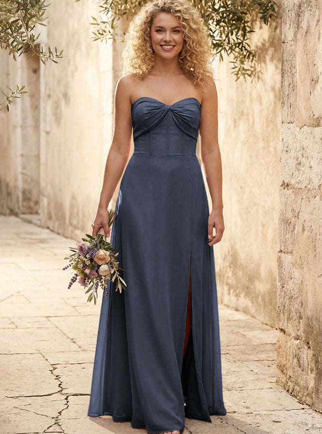 Chiffon Strapless Long Bridesmaid Dresses with Slit