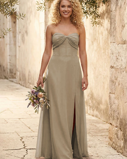Chiffon Strapless Long Bridesmaid Dresses with Slit