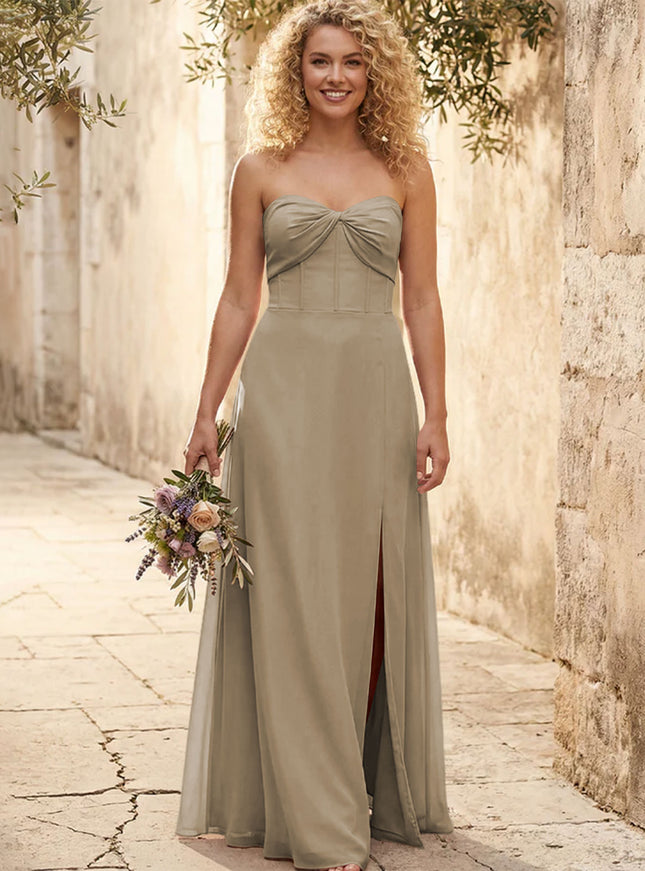 Chiffon Strapless Long Bridesmaid Dresses with Slit