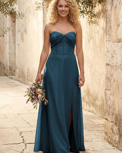 Chiffon Strapless Long Bridesmaid Dresses with Slit