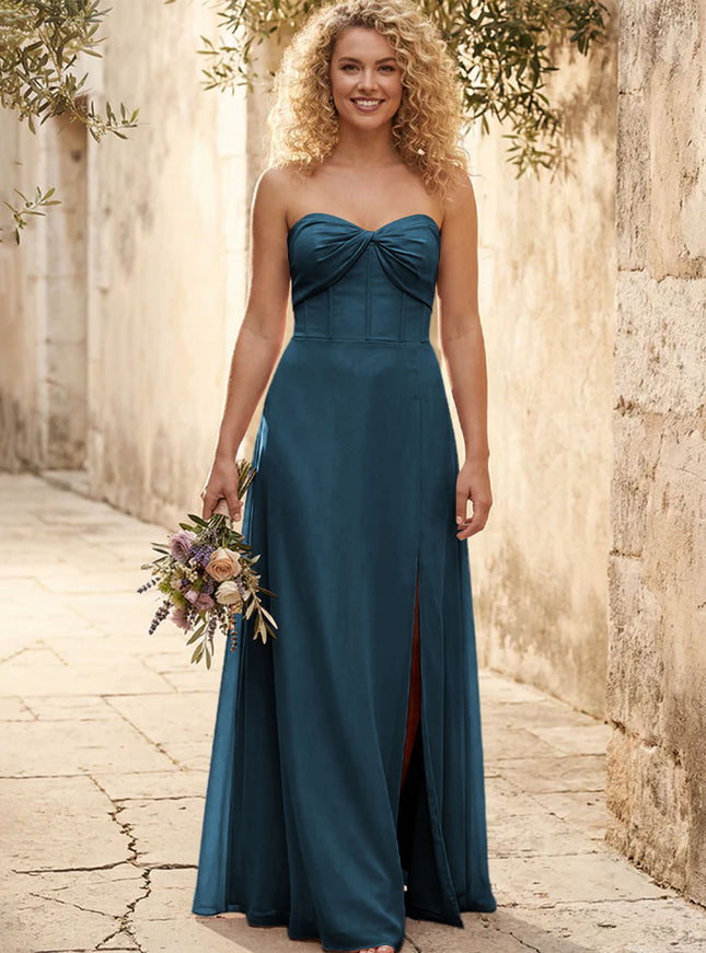 Chiffon Strapless Long Bridesmaid Dresses with Slit