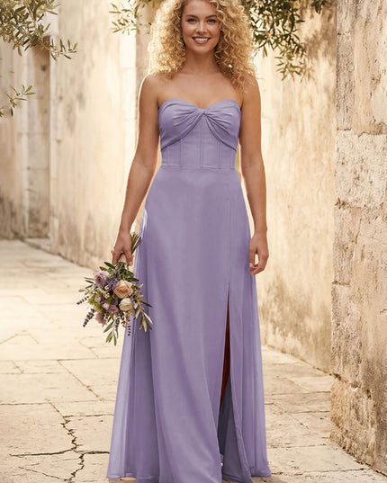 Chiffon Strapless Long Bridesmaid Dresses with Slit
