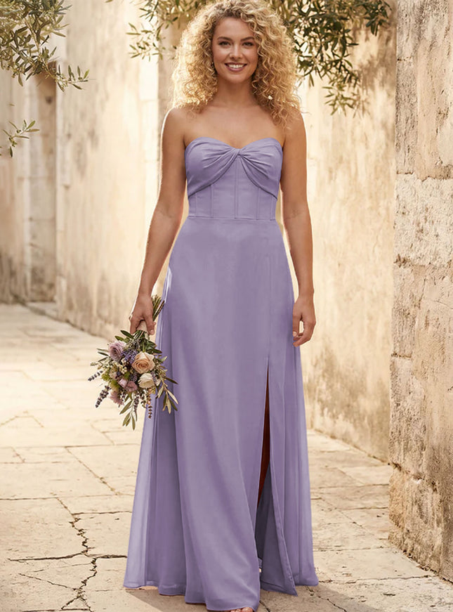 Chiffon Strapless Long Bridesmaid Dresses with Slit